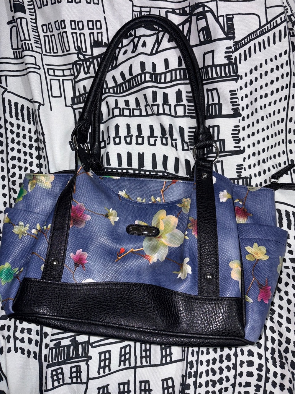 Blue Floral Shoulder Bag with Black Trim